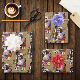 Vintage Gold Steampunk Sugar Skull Purple Wrapping Paper Sheets