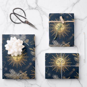 Vintage Gold Sun and Moon Celestial Winter Wrapping Paper Sheets