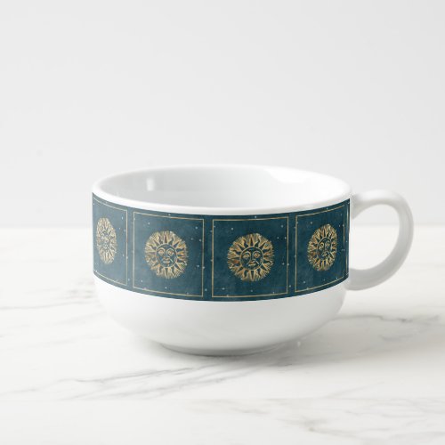 Vintage gold sun teal green blue square soup mug