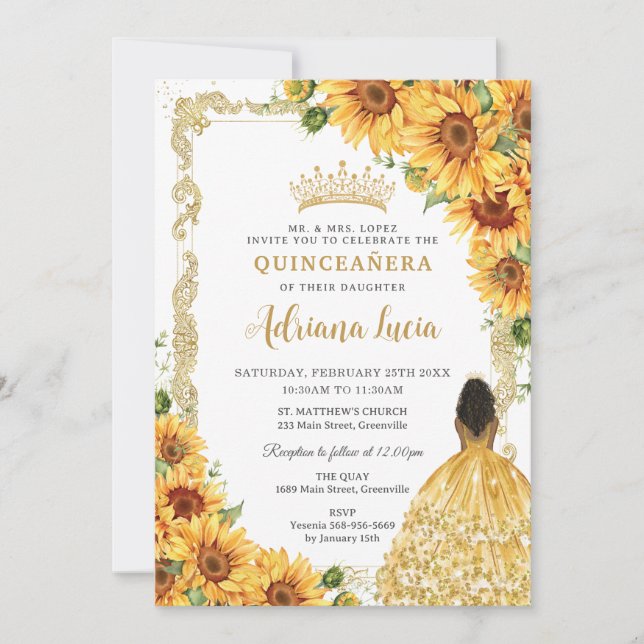 Vintage Gold Sunflower Brown Princess Quinceañera Invitation (Front)
