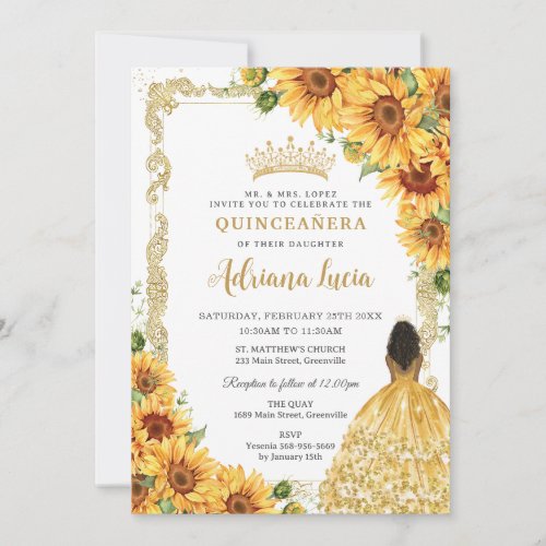 Vintage Gold Sunflower Brown Princess Quinceaera Invitation