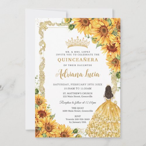 Vintage Gold Sunflower Floral Princess Quinceaera Invitation