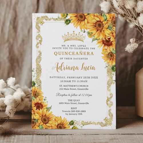 Vintage Gold Sunflower Yellow Floral Quinceaera Invitation