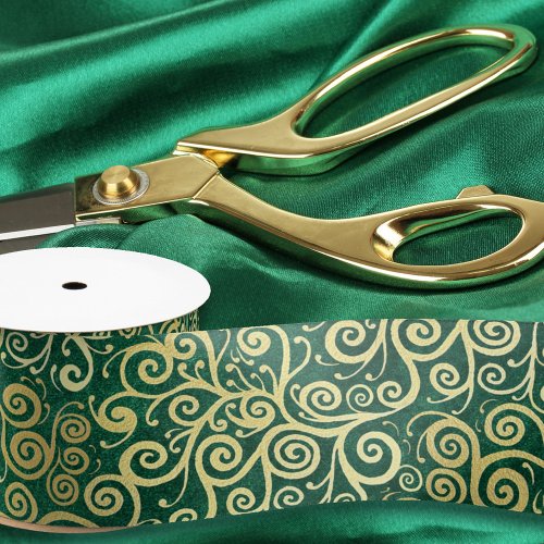    Vintage Gold Swirls Pattern Boho Classy Emerald Satin Ribbon