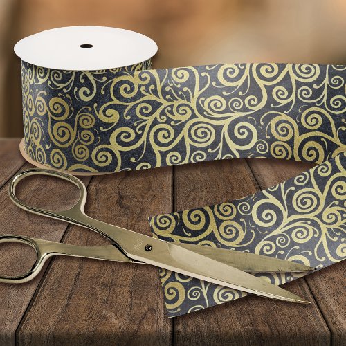   Vintage Gold Swirls Pattern Luxury Charcoal Grey Satin Ribbon