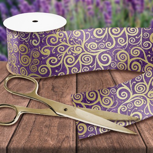 Vintage Gold Swirls Pattern Luxury Purple Amethyst Satin Ribbon