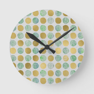 Vintage Gold & Teal Watercolor Dots Round Clock