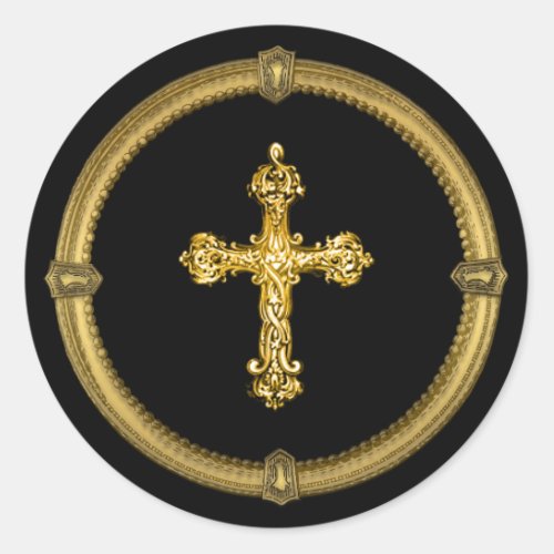 Vintage Gold Tone Cross and Deco Keyhole Frame Classic Round Sticker