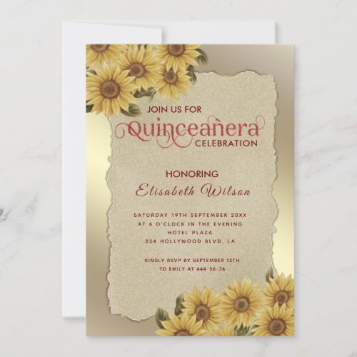 Vintage gold torn paper sunflower Quinceaera  Invitation