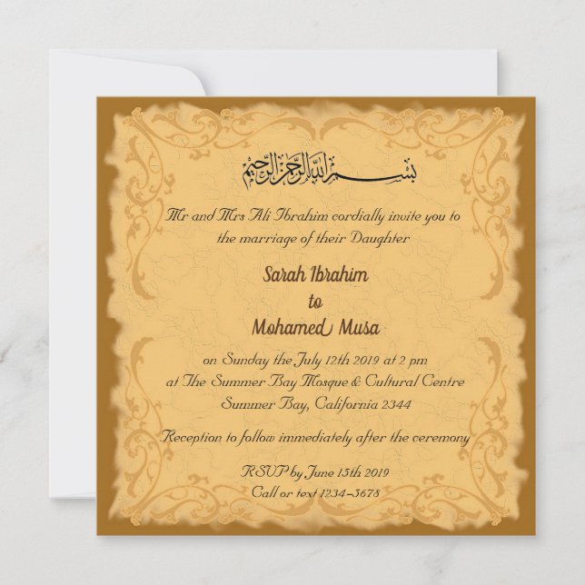 Vintage Gold trellis Muslim wedding Invitation (Front)