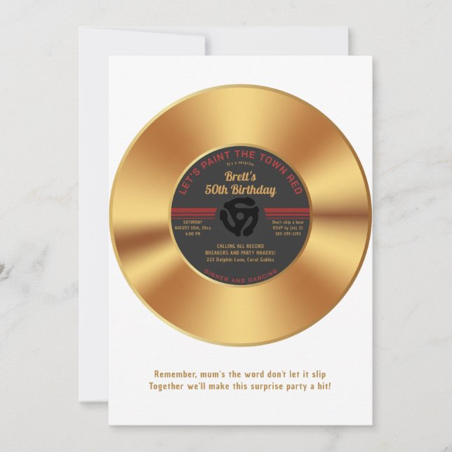 Vintage Gold Vinyl 45 Record Surprise Birthday Invitation (Front)