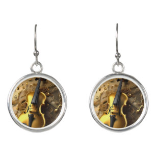 Vintage Gold Violin On Gold Musical Cords, Earrings
