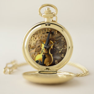 Vintage Gold Violin On Gold Musical Cords, Pocket Watch