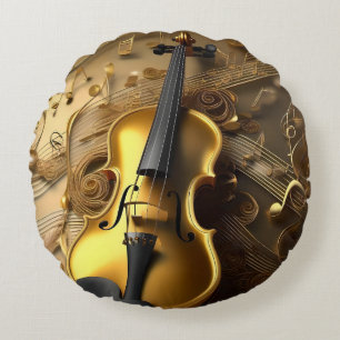 Vintage Gold Violin On Gold Musical Cords, Round Pillow