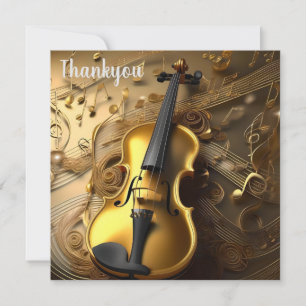 Vintage Gold Violin On Gold Musical Cords, Thank You Card