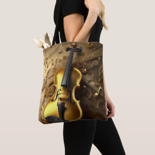Vintage Gold Violin On Gold Musical Cords, Tote Bag