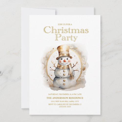 Vintage Gold White Snowman Christmas Party Invitation