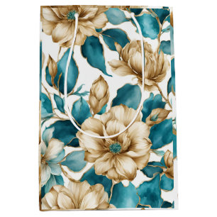 Vintage Gold White Teal Floral Pattern Flower Medium Gift Bag