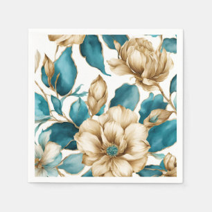 Vintage Gold White Teal Floral Pattern Flower Napkins