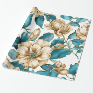 Vintage Gold White Teal Floral Pattern Flower Wrapping Paper
