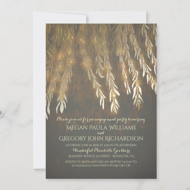 Vintage Gold Willow Tree Branches Engagement Party Invitation (Front)