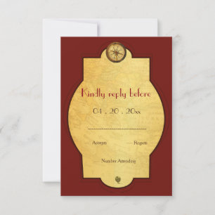 Vintage gold world travel themed wedding RSVP Card