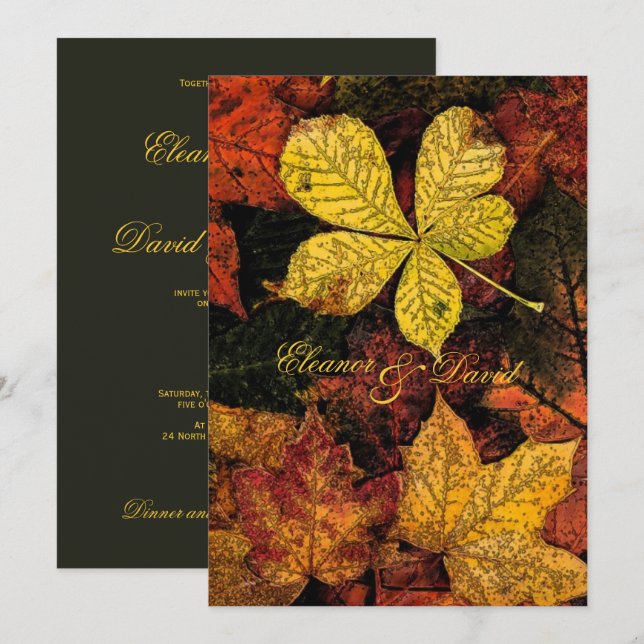 Vintage golden autumn leaves wedding invitation (Front/Back)