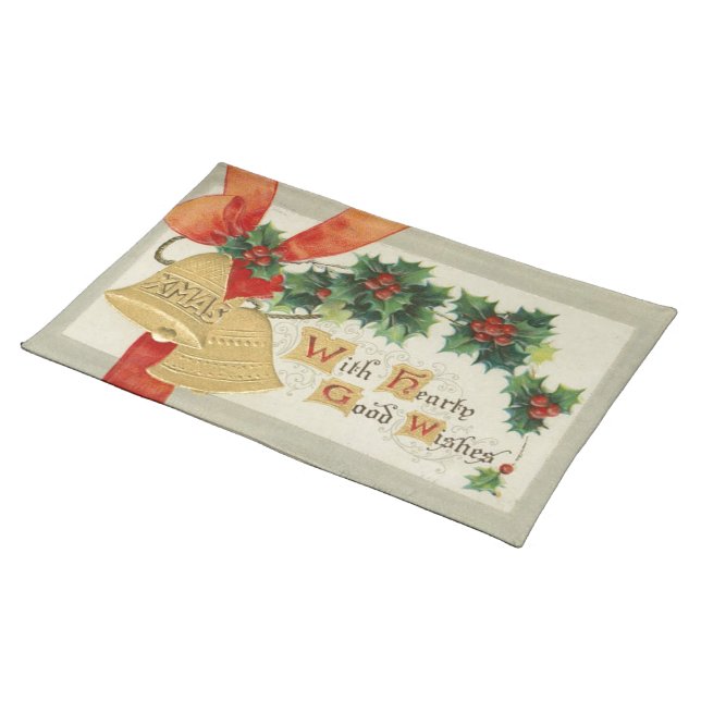 Vintage Golden Christmas Bells and Holly Cloth Placemat (On Table)