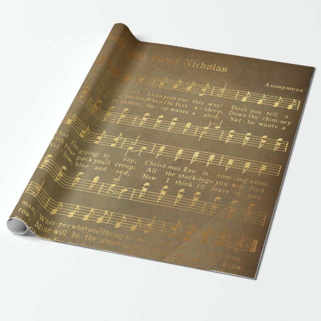 Vintage Golden Christmas Sheet Music Wrapping Paper (Unrolled)