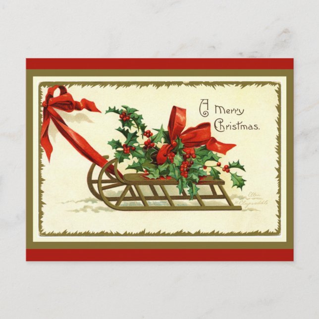 Vintage Golden Christmas Sleigh Holiday Postcard (Front)