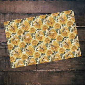Vintage Golden Dahlias and Bees Floral Pattern