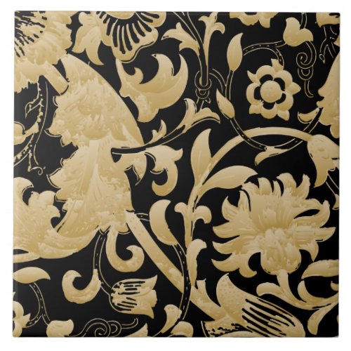 Vintage Golden Flower Illustration Ceramic Tile