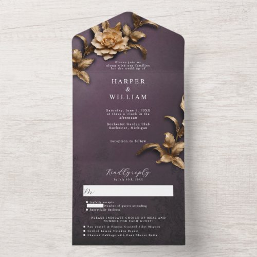 Vintage golden foliage rsvp attached wedding all in one invitation