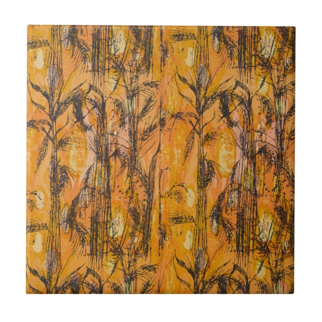 Vintage Golden Harvest Textile Pattern Ceramic Tile (Front)