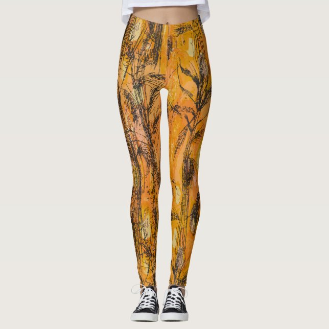 Vintage Golden Harvest Textile Pattern Leggings (Front)