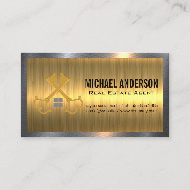 Vintage Golden Keys | Real Estate | Metallic Business Card (Front)