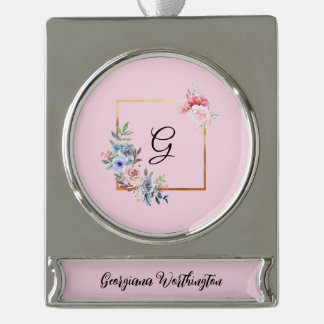 Vintage Golden Multicolored Flowers Monogram Text Silver Plated Banner Ornament