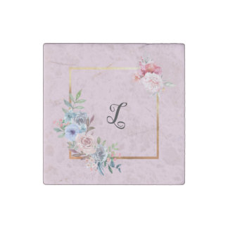 Vintage Golden Multicolored Flowers Monogram Text Stone Magnet