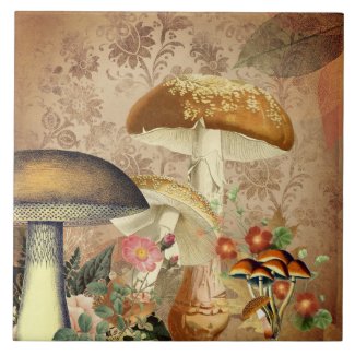 Vintage Golden Mushroom and Pink Floral Ephemera  Ceramic Tile