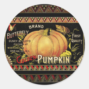 Vintage Golden Pumpkin Crate Label: Antique Fall Classic Round Sticker