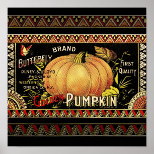 Vintage Golden Pumpkin Crate Label: Antique Fall Poster