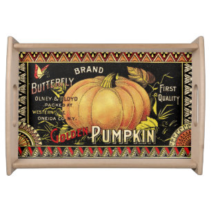 Vintage Golden Pumpkin Crate Label: Antique Fall Serving Tray