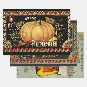 Vintage Golden Pumpkin Crate Label: Antique Fall Wrapping Paper Sheets