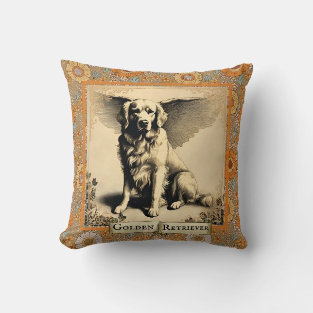 Vintage Golden Retriever Angel Personalized  Throw Pillow (Front)