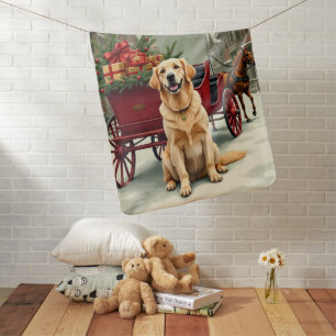 Vintage Golden Retriever Christmas Carriage Illust Baby Blanket