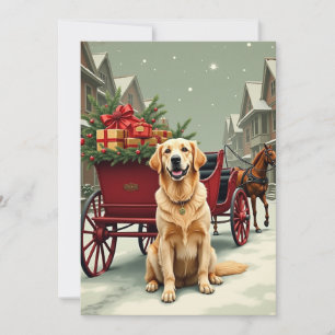Vintage Golden Retriever Christmas Carriage Illust Holiday Card