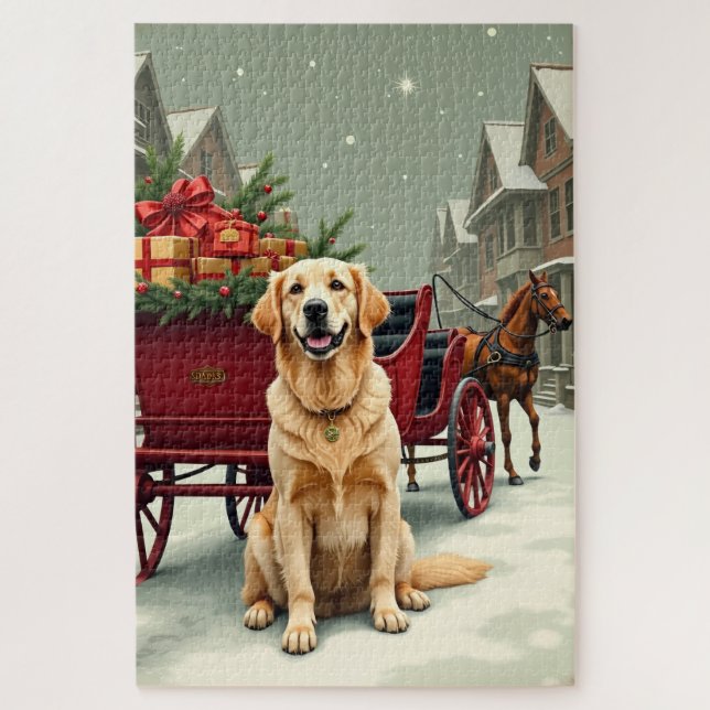 Vintage Golden Retriever Christmas Carriage Illust Jigsaw Puzzle (Vertical)