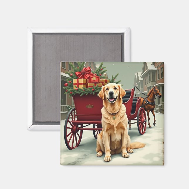 Vintage Golden Retriever Christmas Carriage Illust Magnet (Front/Back)