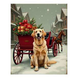 Vintage Golden Retriever Christmas Carriage Illust Poster