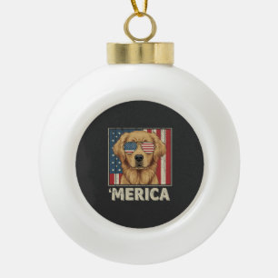Vintage Golden Retriever 'Merica Flag Ceramic Ball Christmas Ornament